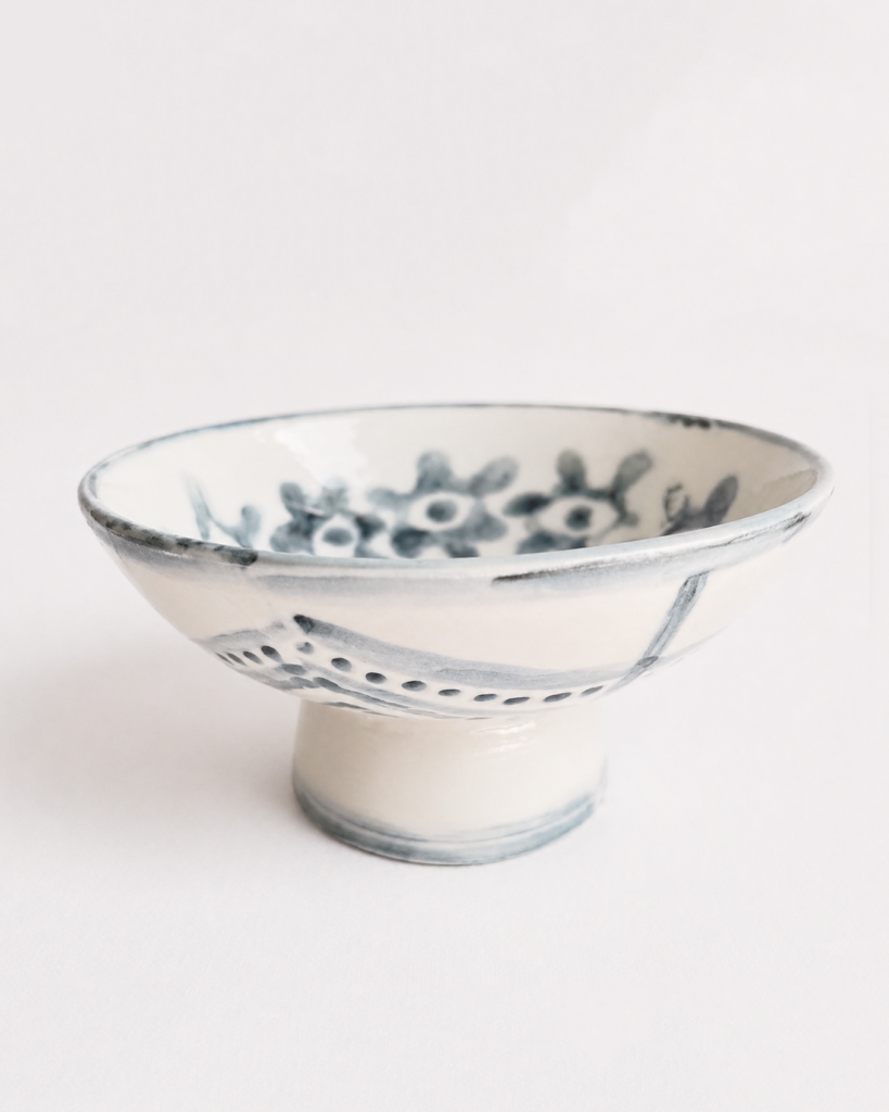 Wheel thrown underglaze decorating pedestal dish