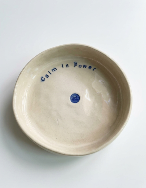 Handbuilt stoneware bowl, text-decorated shallow form