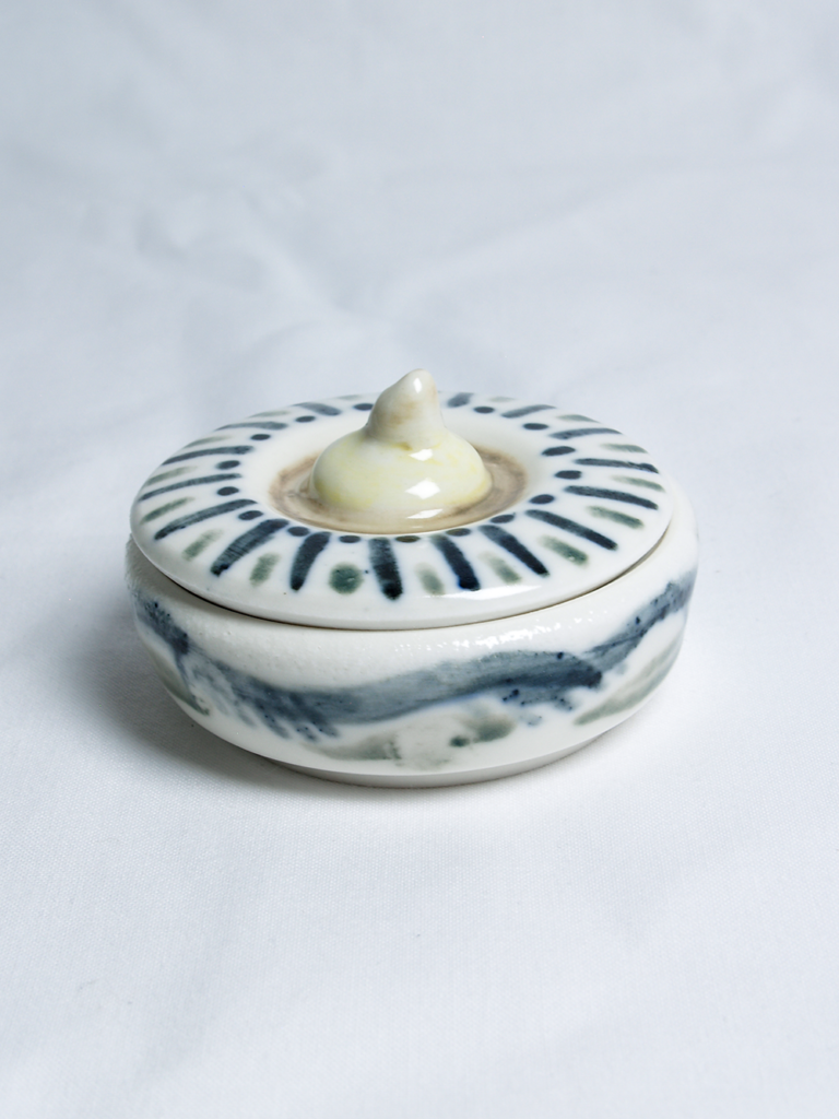 Floral and Striped Lidded Porcelain Jar